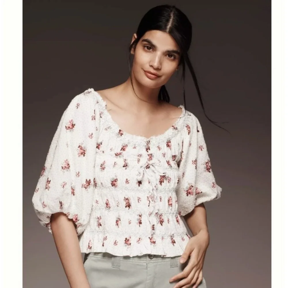 Anthropologie Floral Smocked Puff Sleeve Blouse White Pink Rose Cotton Size XS